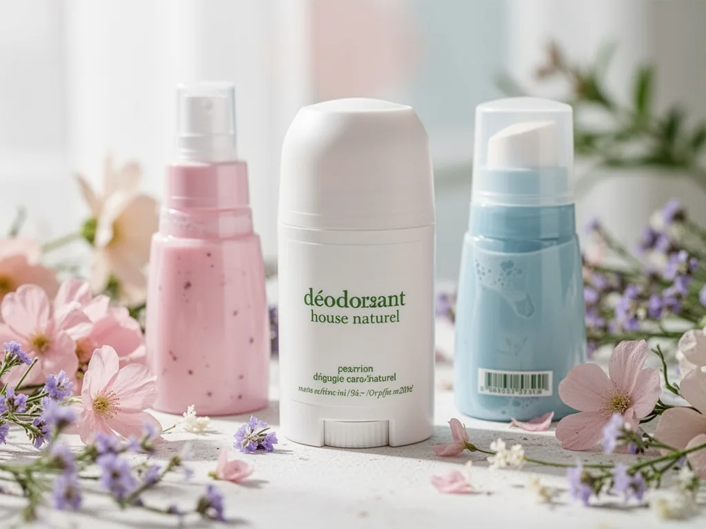 Ingrédients pour fabriquer un déodorant maison naturel : bicarbonate, huile de coco, fécule, huiles essentielles, sur un